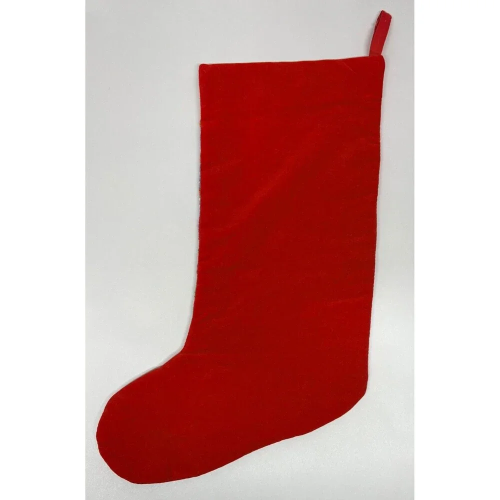 Vintage Wool Needle Point Christmas Stocking Red Velvet Rocking Horse 16”